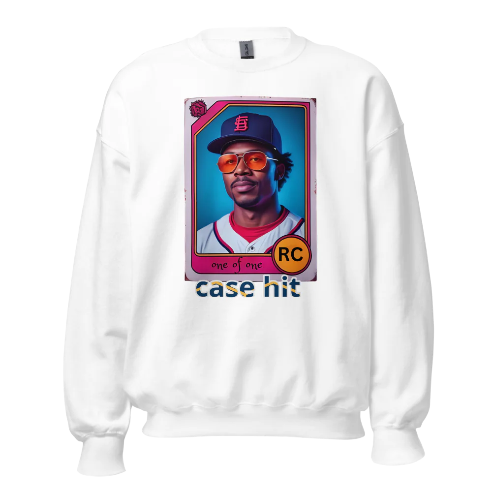 White sweatshirt with a graphic of a baseball player and text on a white background