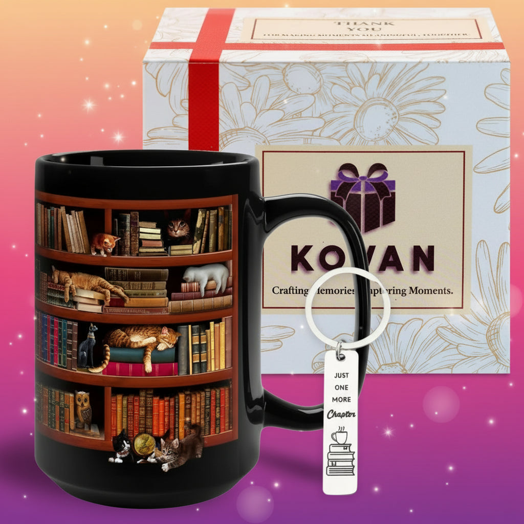Black mug with bookshelf design, keychain, and Kovan packaging in the background