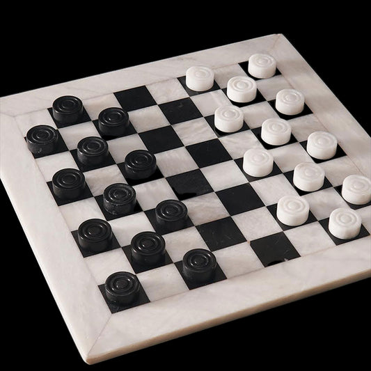 Checkers game with black and white pieces on a checkered board