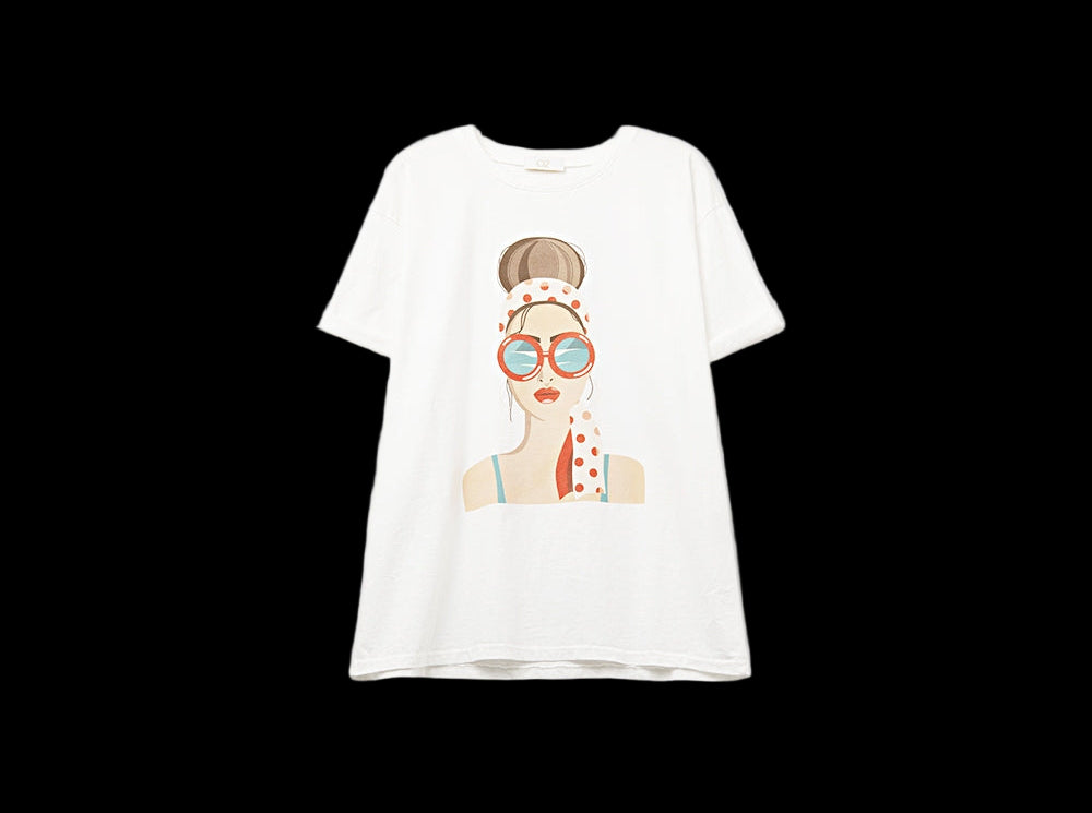 White t-shirt with a graphic of a woman wearing sunglasses on a white background