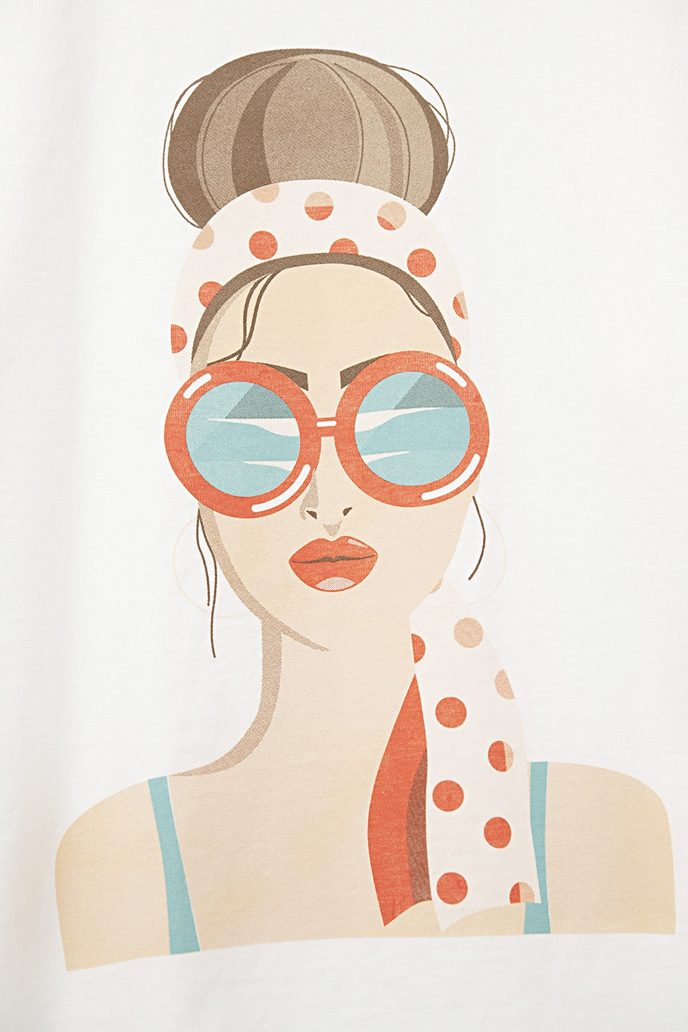 Illustration of a woman wearing sunglasses and a polka dot headband on a white background