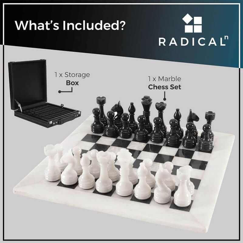 Marble chess set with storage box on a gray background, featuring the brand 'Radical'.