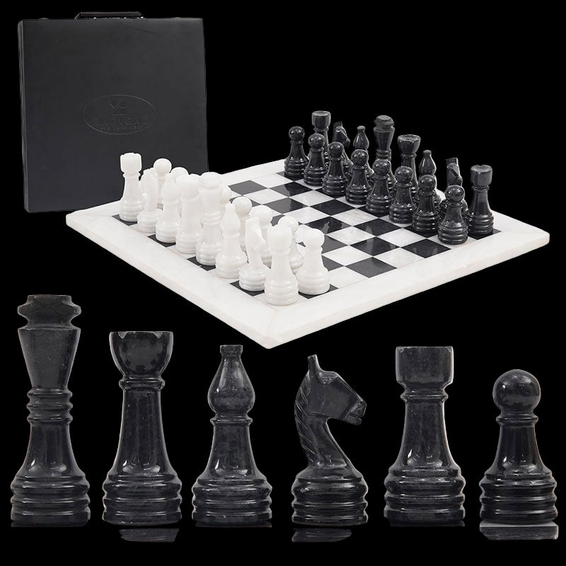 Black and white chess pieces with a chessboard and carrying case on a white background