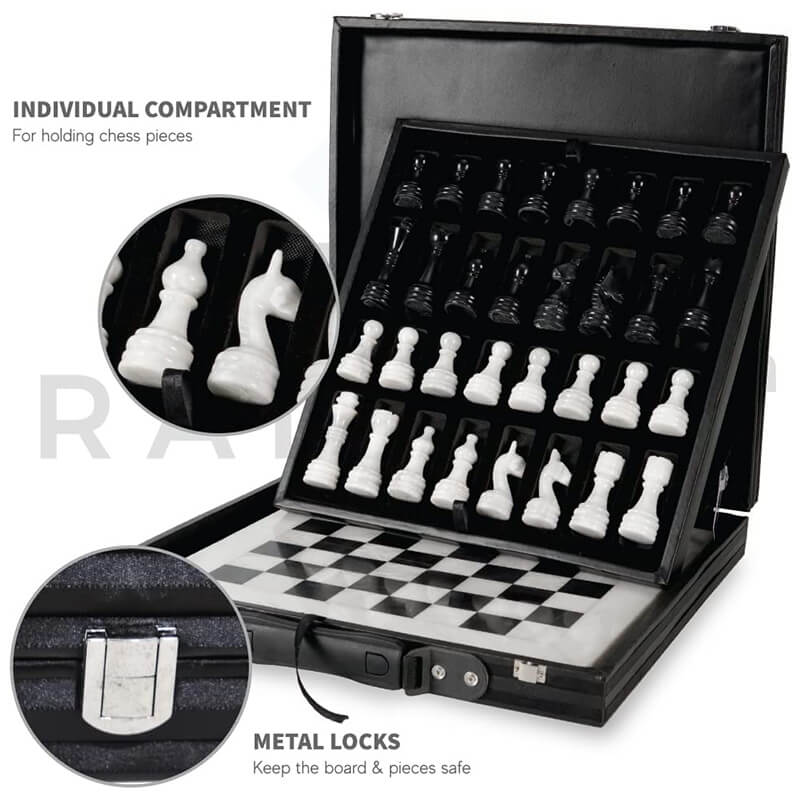 White and Black 15 Inches Premium Quality Marble Chess Set (With Storage Box)