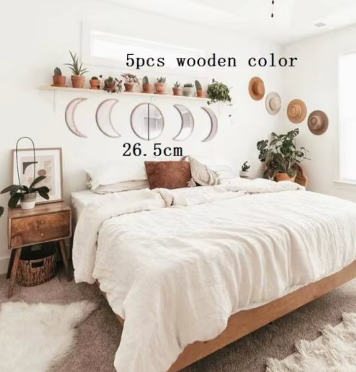 Bedroom with wooden headboard and decor elements, featuring text '5pcs wooden color' and '26.5cm'.