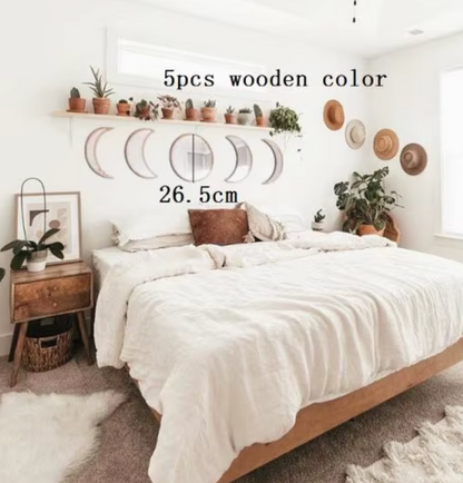 Bedroom with wooden headboard and decor elements, featuring text '5pcs wooden color' and '26.5cm'.