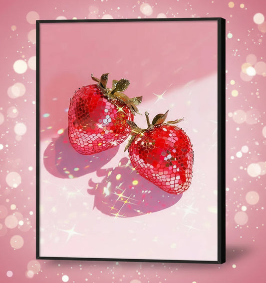 Framed artwork of red sequin strawberries on a pink background