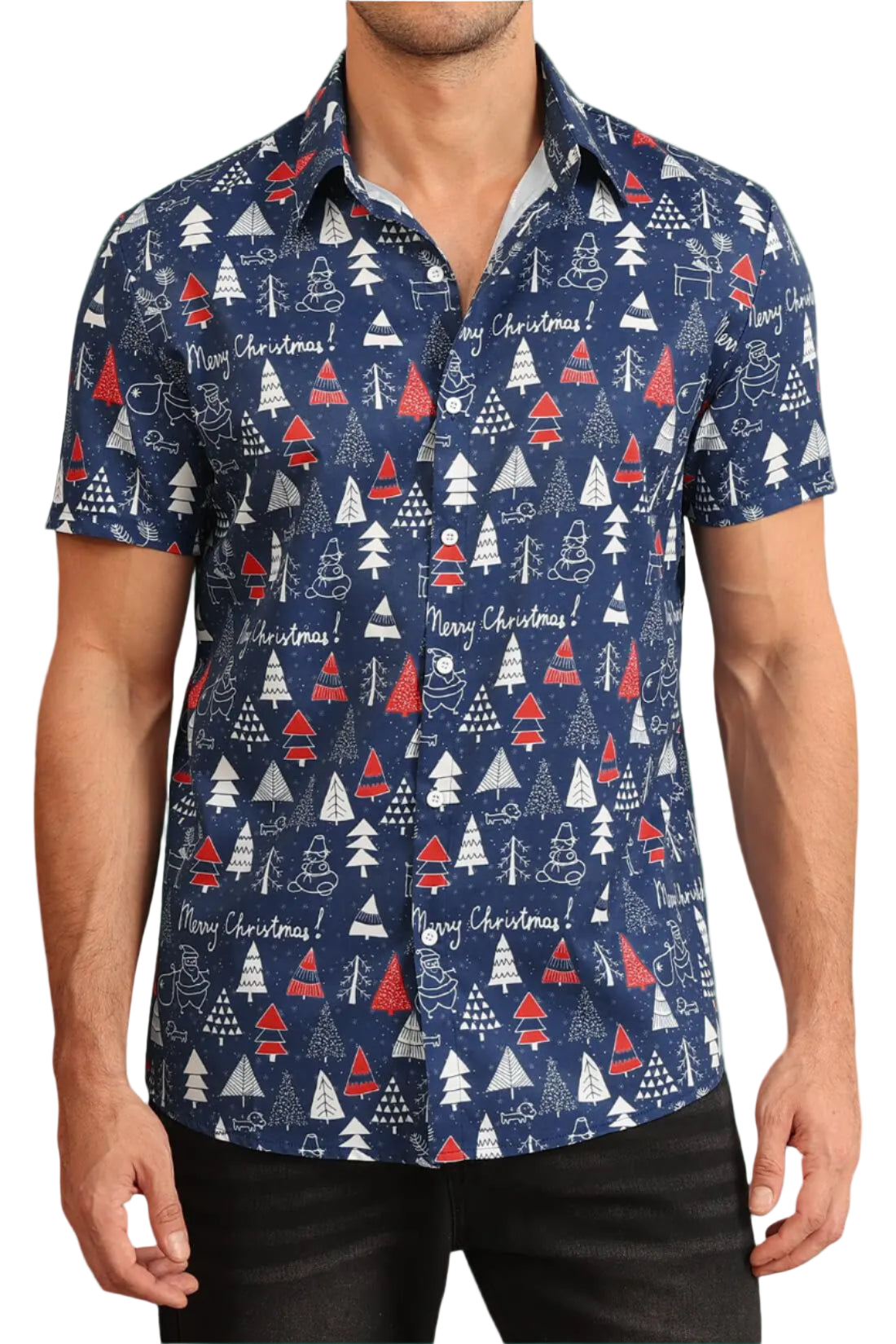 Man wearing a navy blue Christmas-themed shirt with red and white graphics on a white background