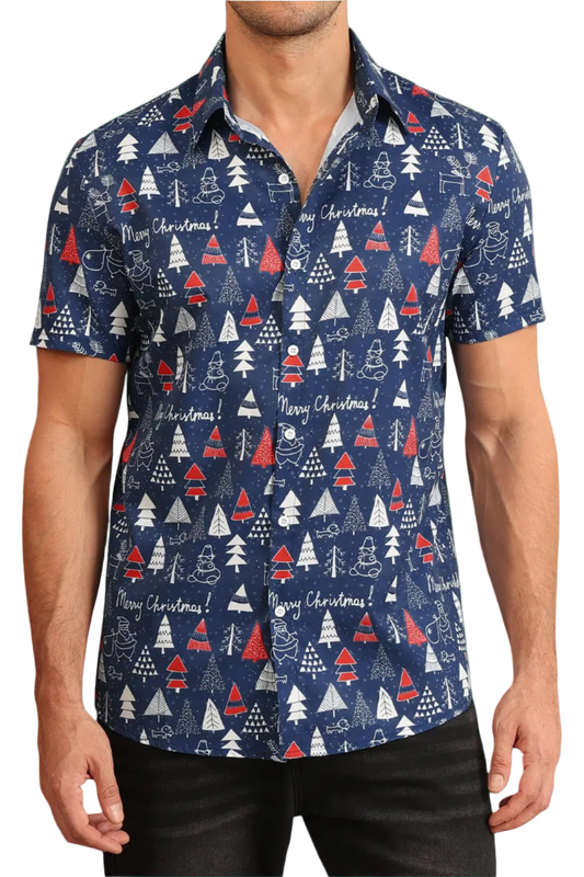 Man wearing a navy blue Christmas-themed shirt with red and white graphics on a white background