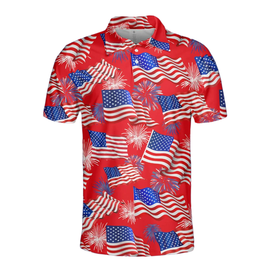 Polo shirt with American flag and fireworks pattern on a white background