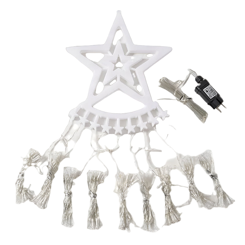 Decorative white star-shaped light fixture with string lights and control unit on a white background