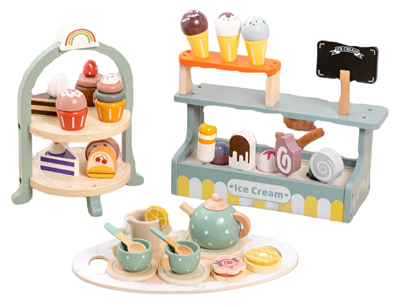 Children's playhouse set with toy tea set, ice cream stand, and other accessories on a light background.