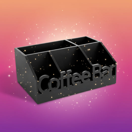Black holder with compartments and 'Coffee Bar' text on a white background