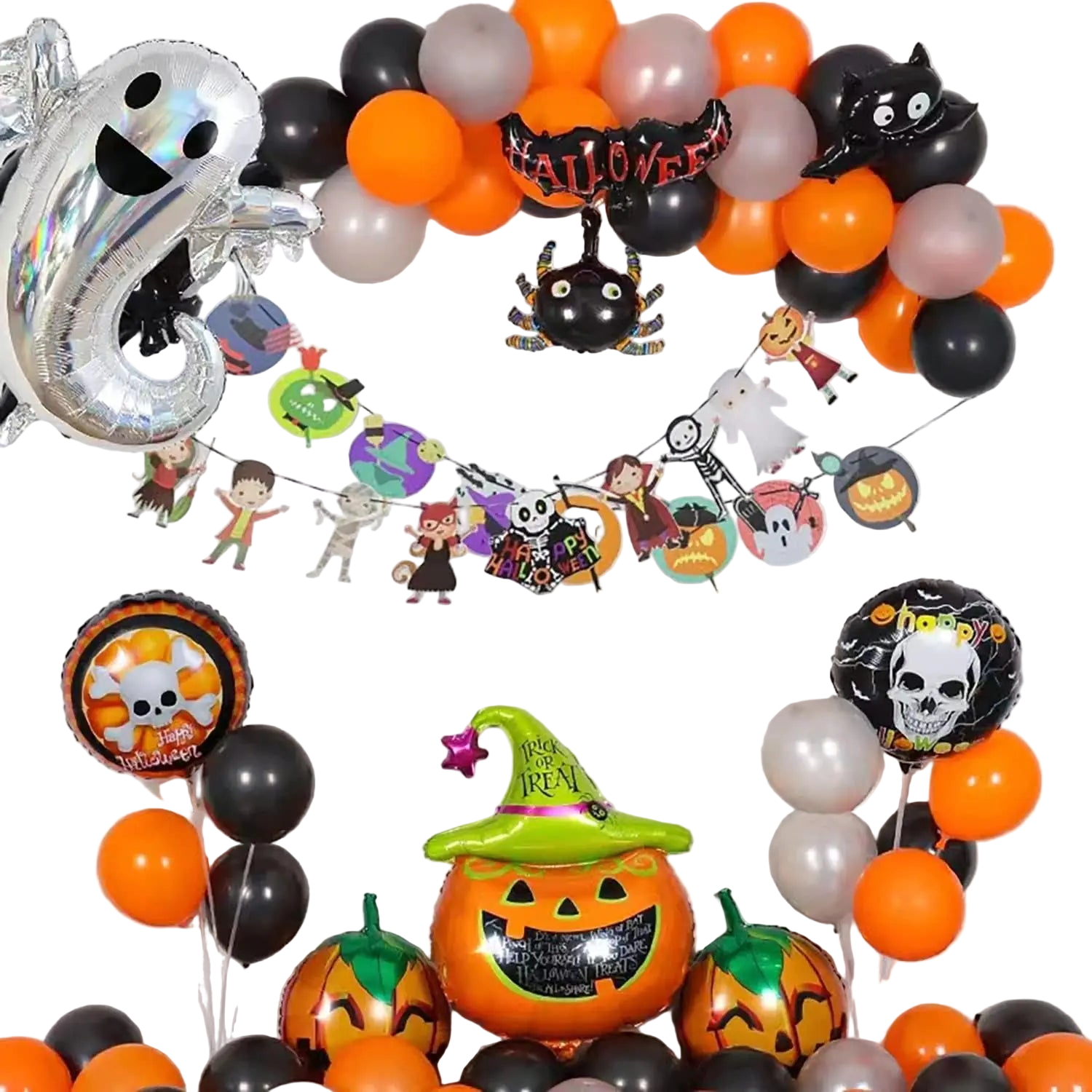 Halloween-themed balloon arch with balloons, banners, and decorations on a white background.