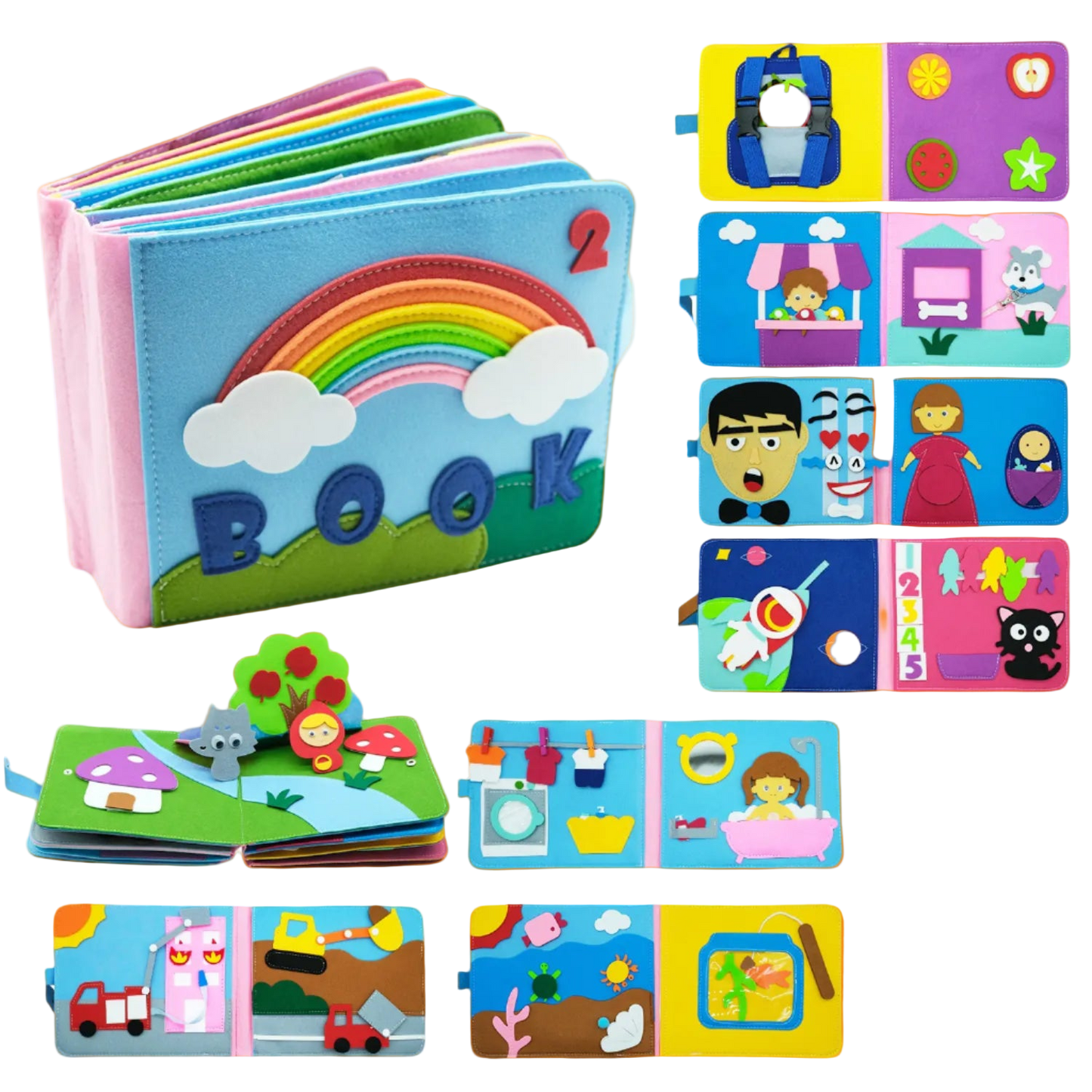 Colorful soft book with various illustrations on a white background