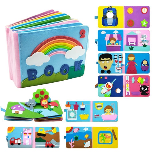 Colorful soft book with various illustrations on a white background