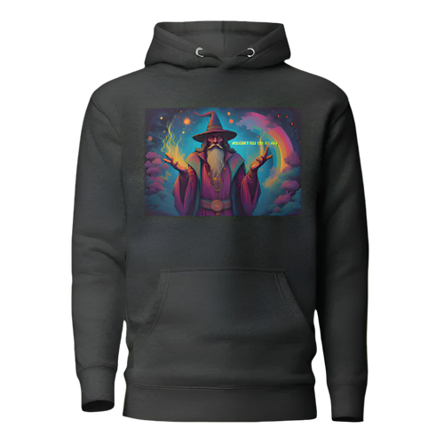 Dark gray hoodie with a colorful wizard graphic on a white background