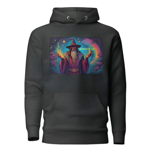 Dark gray hoodie with a colorful wizard graphic on a white background