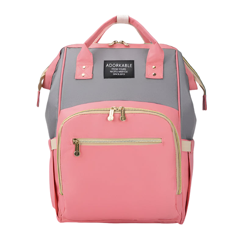 Pink and gray backpack with gold accents on a white background