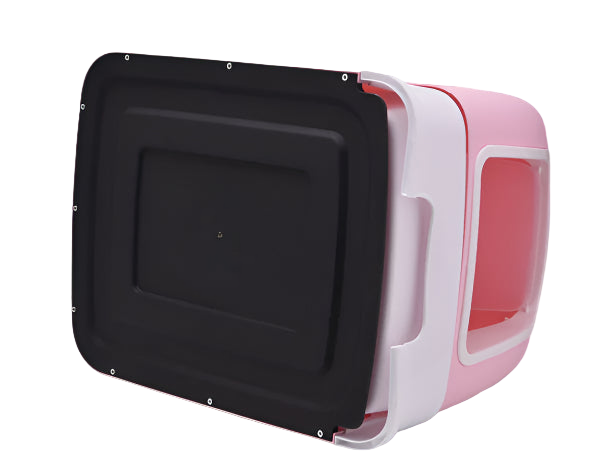 Pink and black pet carrier on a white background