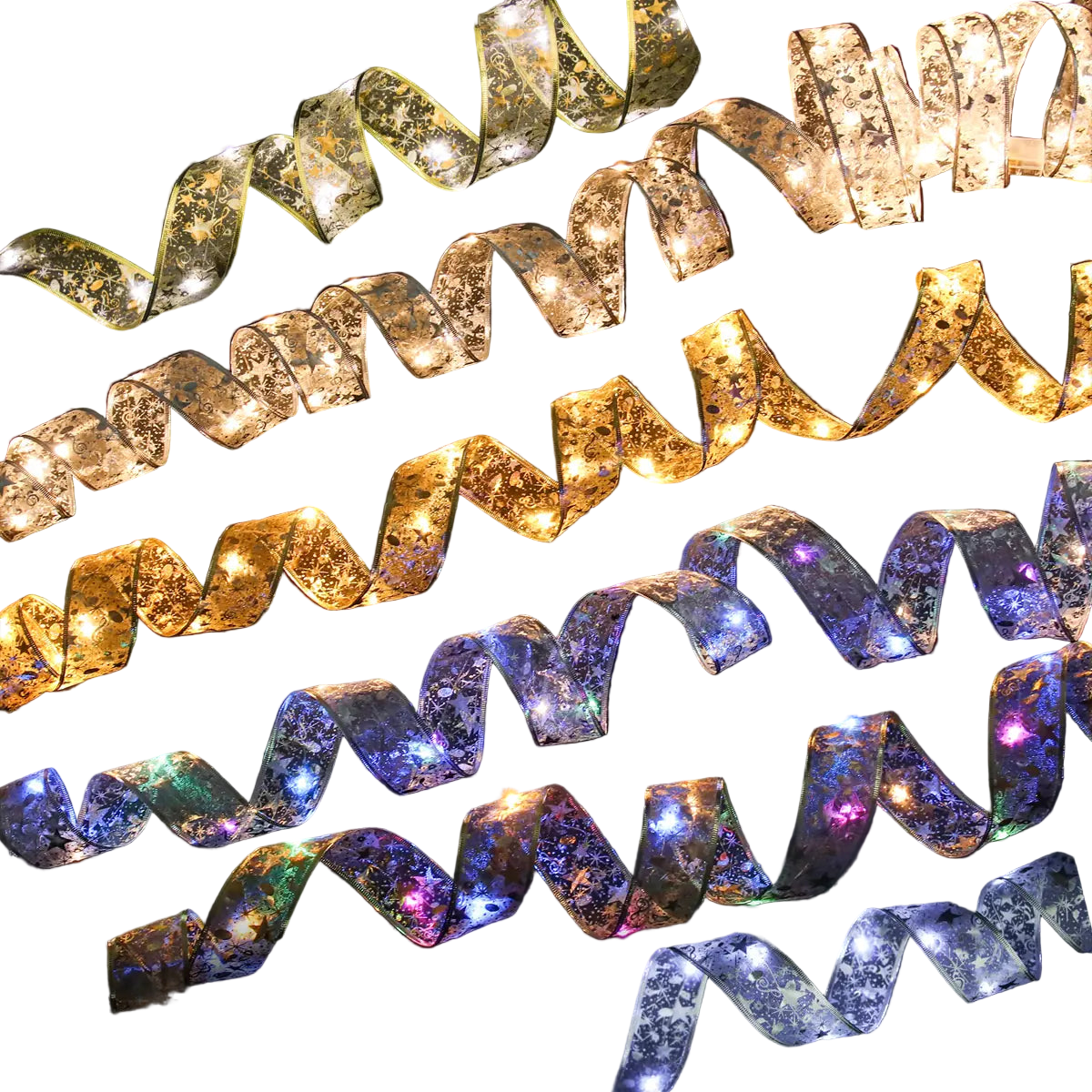 Decorative ribbon lights in gold, silver, and purple on a black background