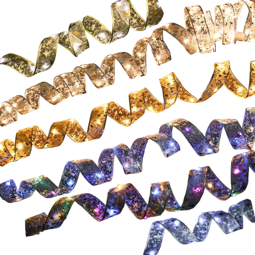 Decorative ribbon lights in gold, silver, and purple on a black background