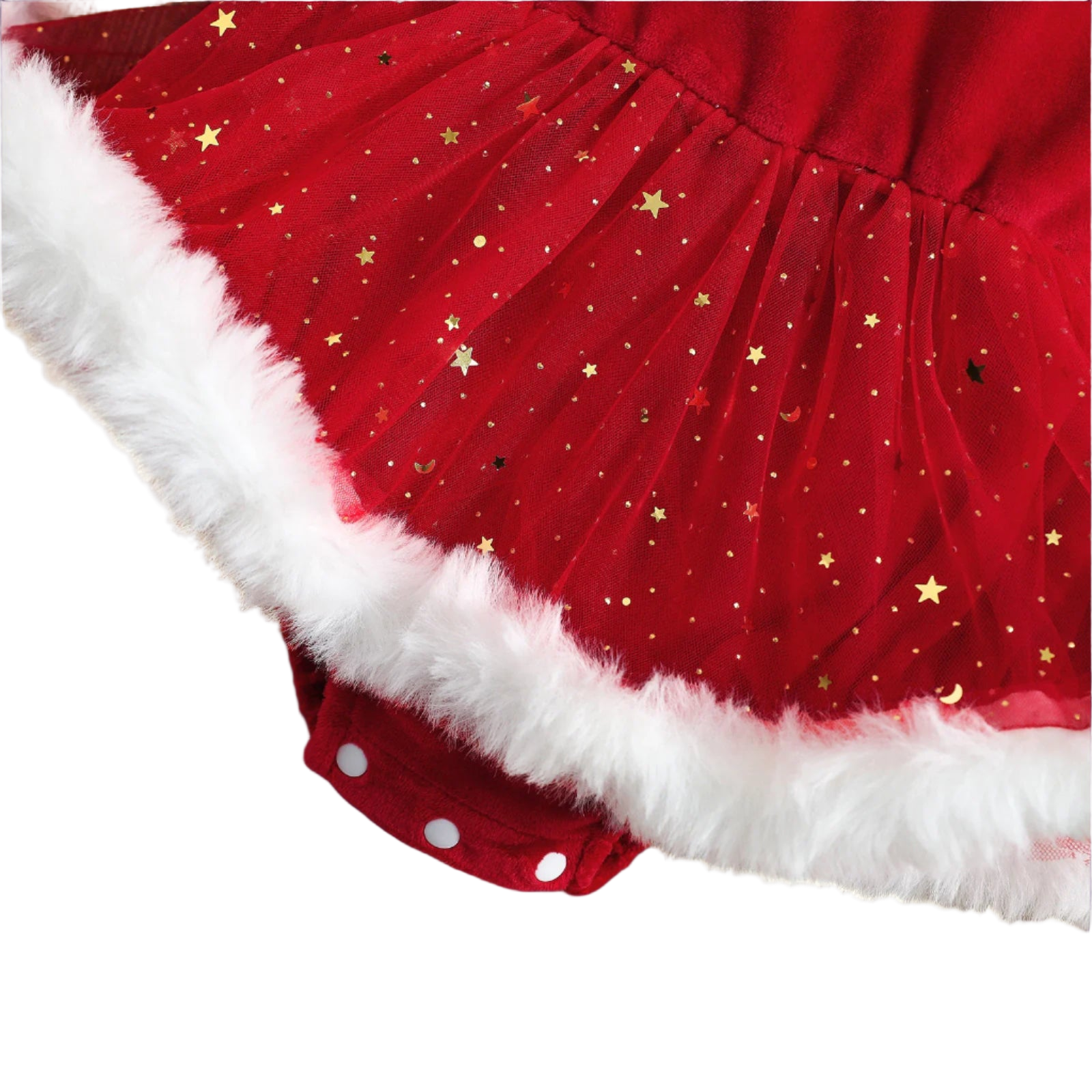 Red Christmas tree skirt with white fur trim on a wooden floor