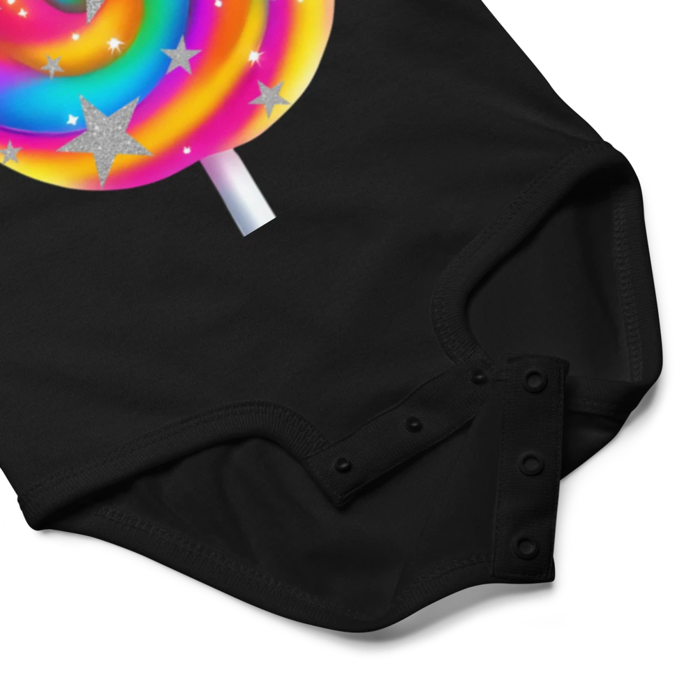 Black baby onesie with a colorful lollipop design on a white background