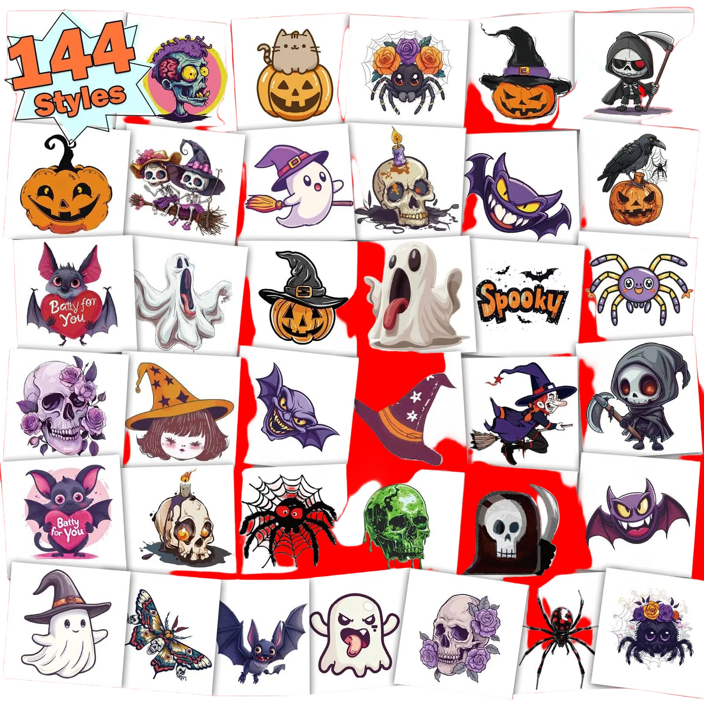 Collection of Halloween-themed temporary tattoos with various designs on a white background.