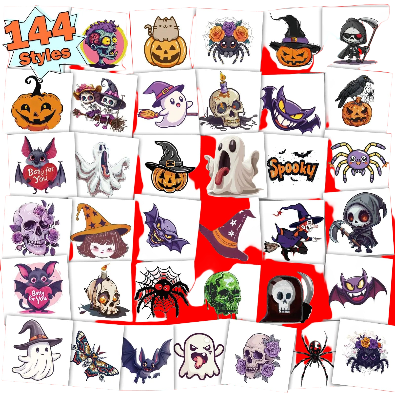 Collection of Halloween-themed temporary tattoos with various designs on a white background.