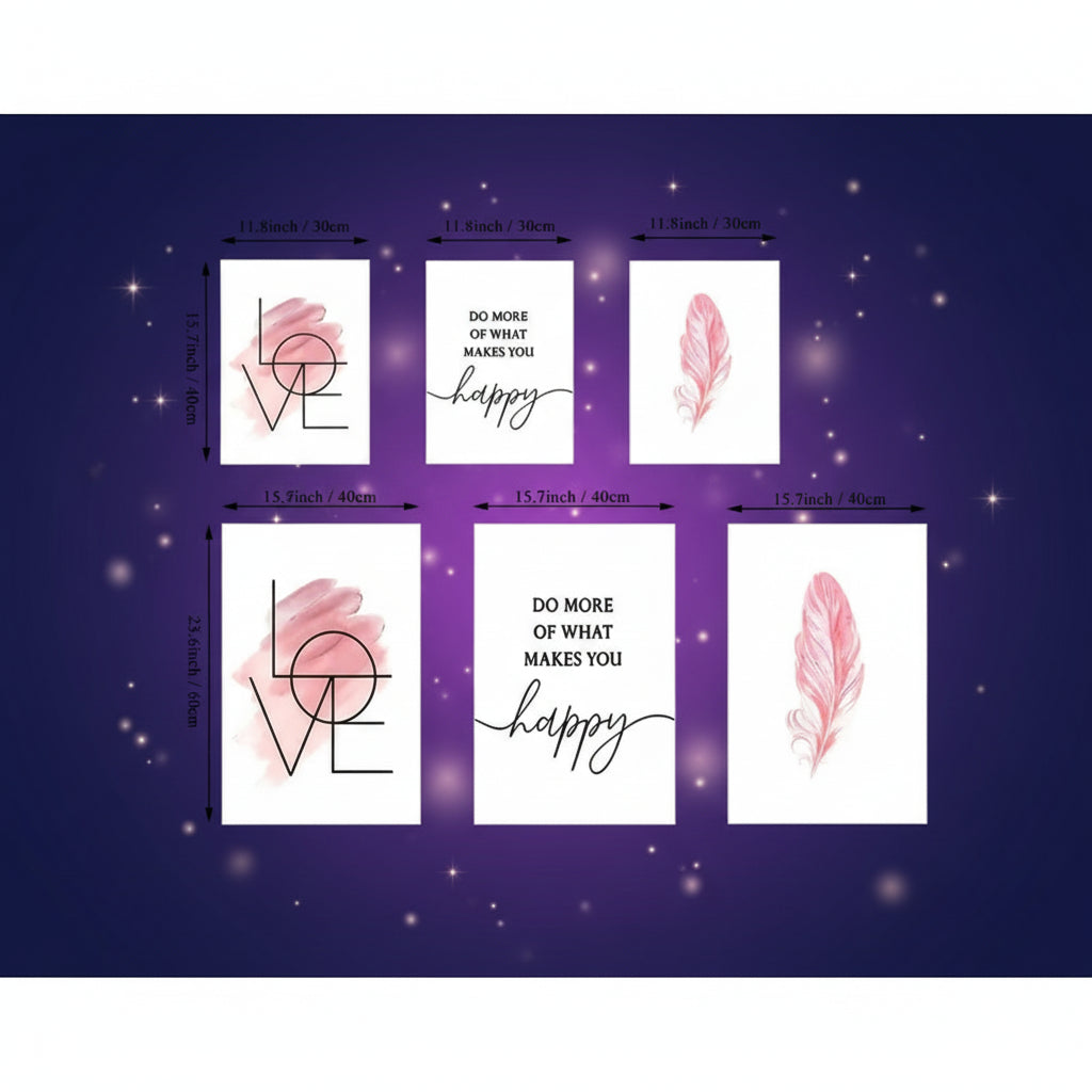 Set of prints with 'LOVE' and feather designs, along with motivational quotes, on a white background.