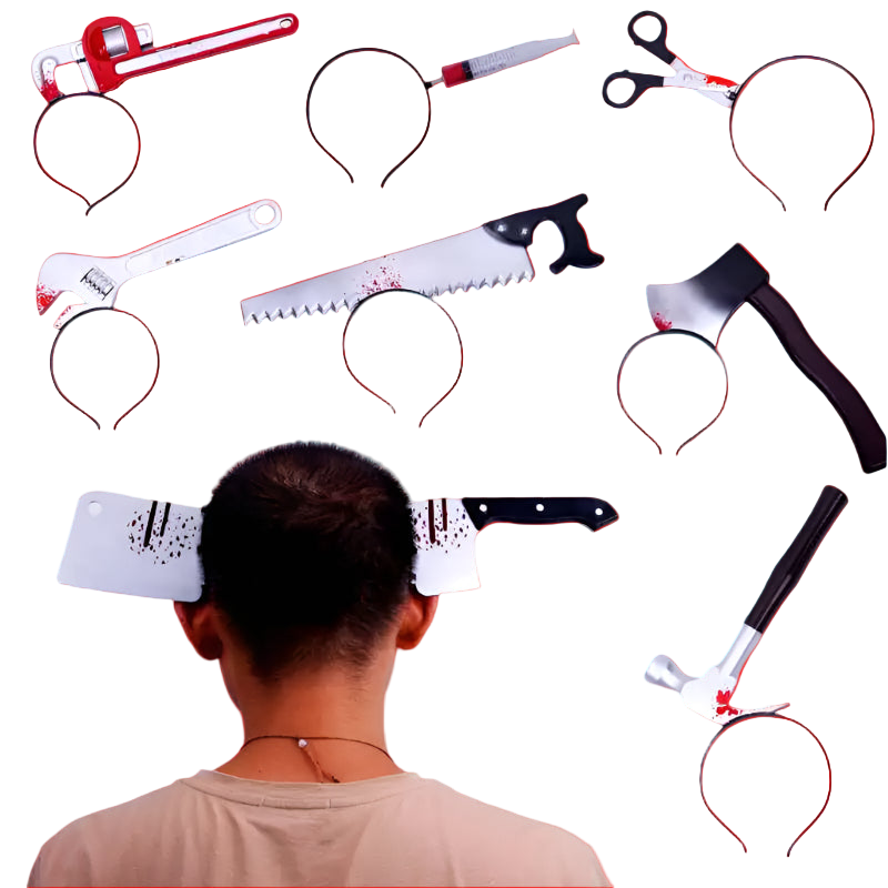Person wearing various props including a axe, knife, and saw on headbands against a white background.