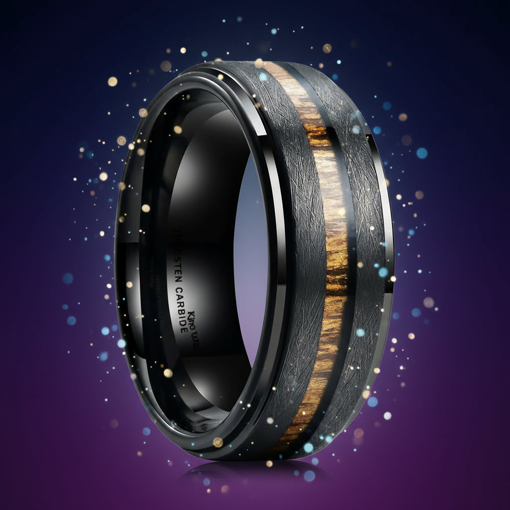 Black tungsten carbide ring with wooden inlay on a white background