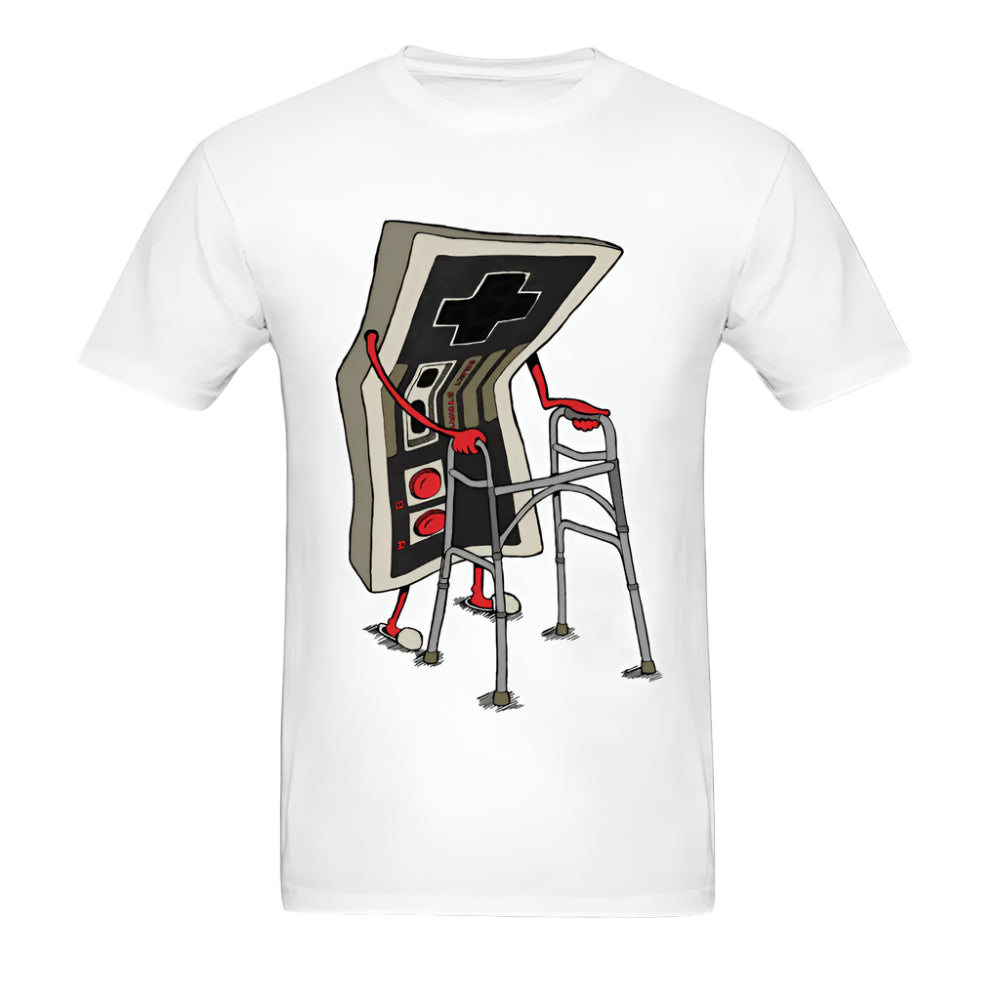 White t-shirt with a graphic design of a gaming console and chair on a white background
