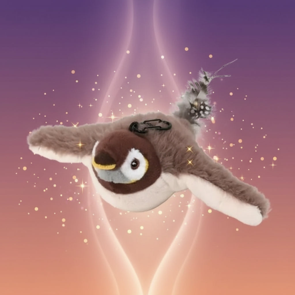 Plush toy sparrow with measurements and weight on a white background