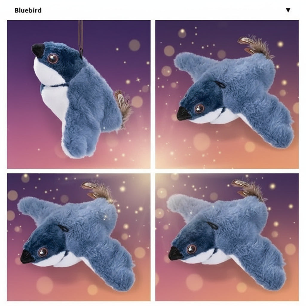 Blue plush toy with feather details on a white background