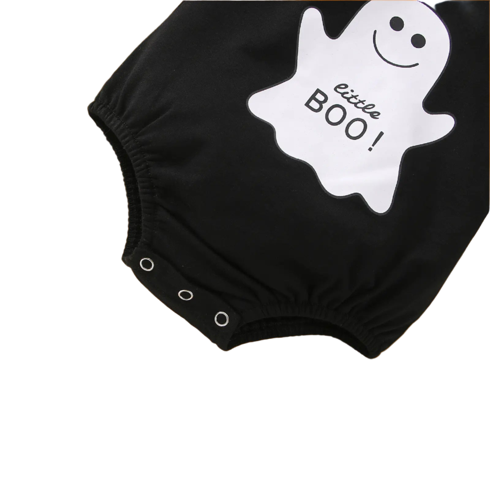 Black baby romper with a white ghost design and 'little BOO!' text on a beige background