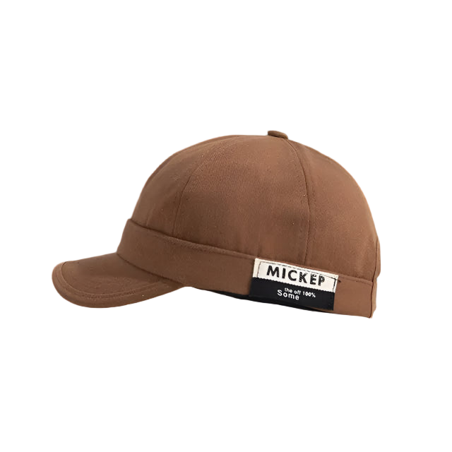 Brown cap with a patch labeled 'MICKEP' on a white background