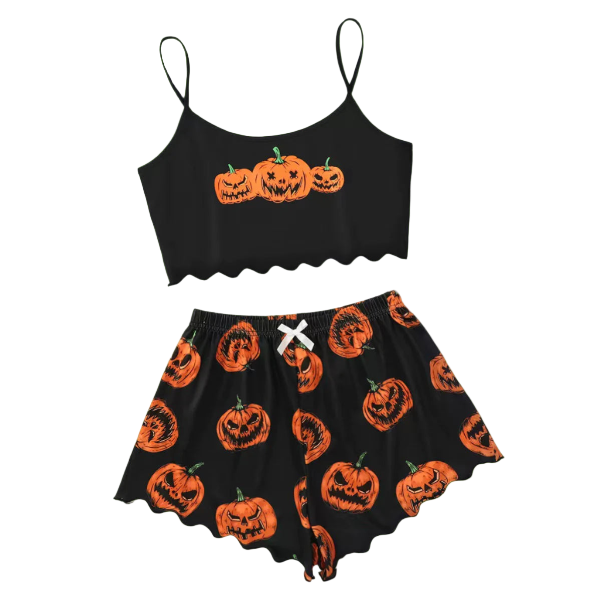 Black crop top and shorts set with orange pumpkin patterns on a white background.