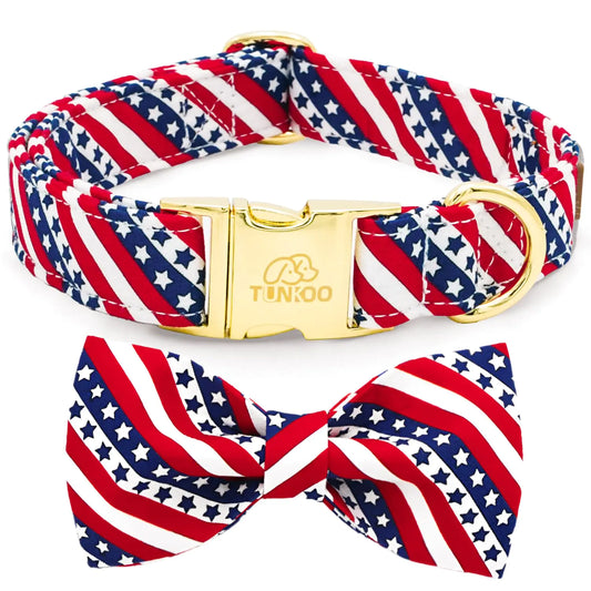 American Flag Dog Collar with Cute Bow Tie 4th of July Cotton Collar Adjustable Durable for Outside Small Medium Large Boys Girls Dogs L