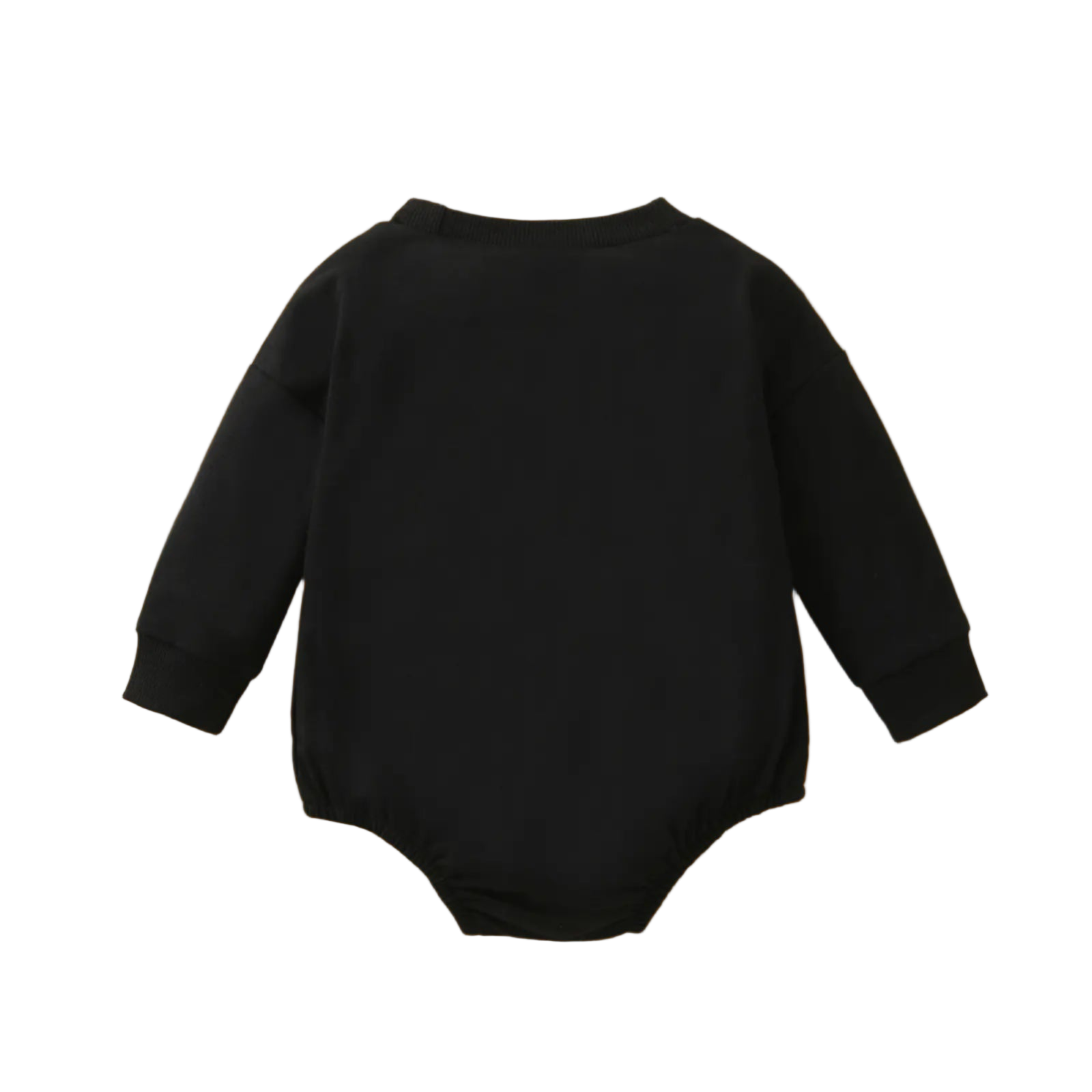 Black baby romper on a beige background with Halloween decorations.