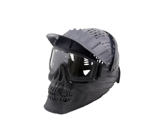 Black skull-themed helmet with visor on a white background