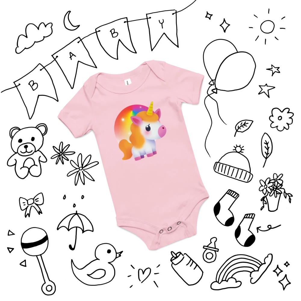 Pink baby onesie with a unicorn design on a white background with black line drawings of baby items.