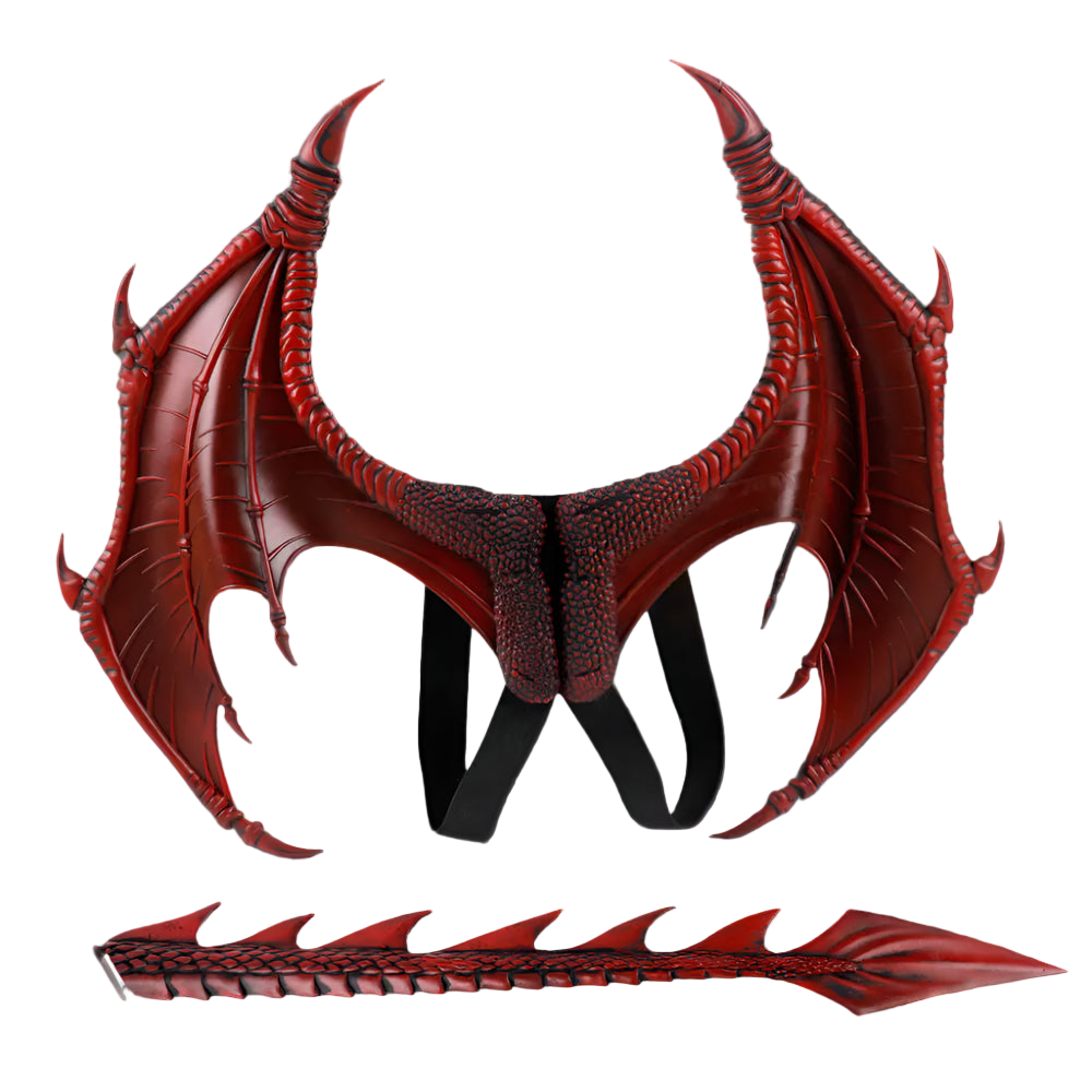 Red dragon mask with wings and tail on a white background