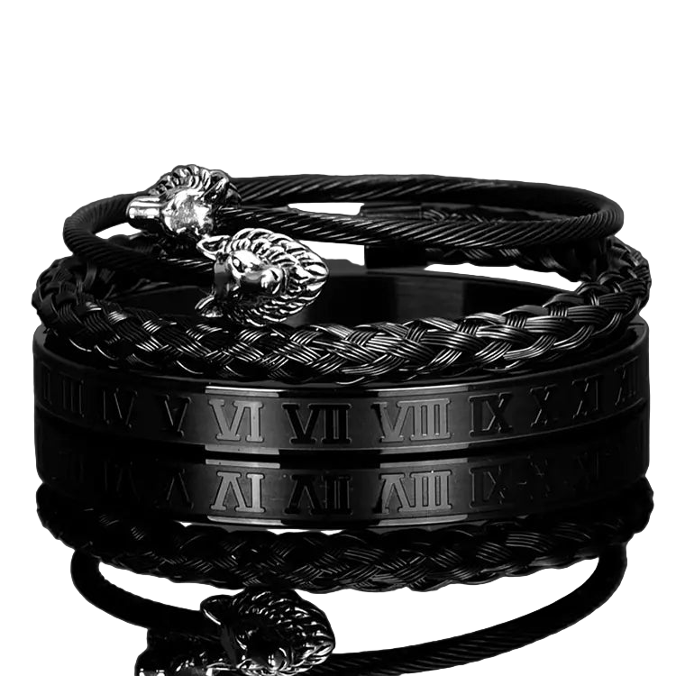 Black braided bracelet with engraved Roman numerals on a reflective surface