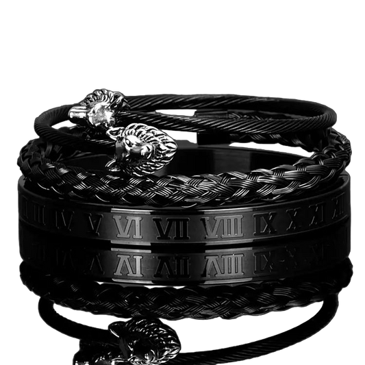 Black braided bracelet with engraved Roman numerals on a reflective surface