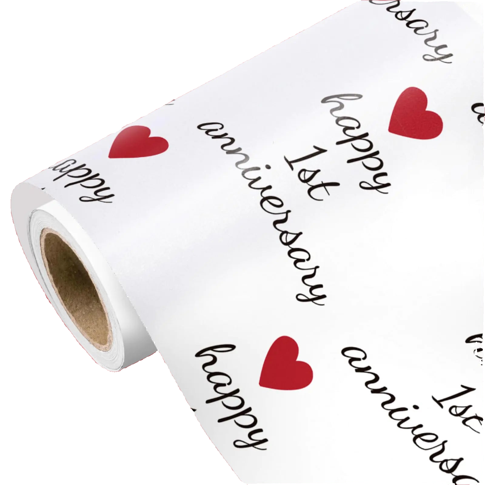 Roll of paper with 'happy 1st anniversary' text and red hearts on a white background