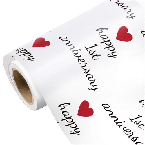 Roll of paper with 'happy 1st anniversary' text and red hearts on a white background