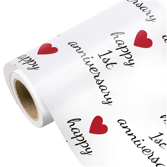 Roll of paper with 'happy 1st anniversary' text and red hearts on a white background