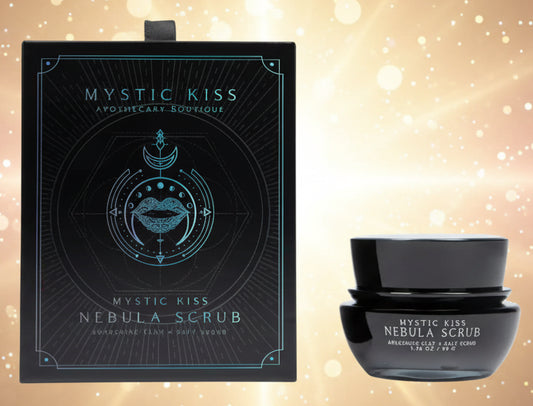 Mystic Kiss Nebula Scrub packaging with black container on a white background